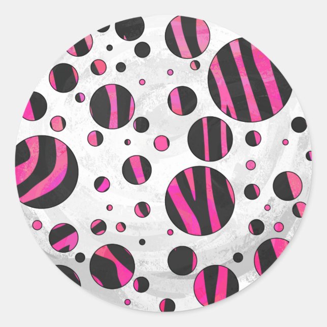 Black and Hot Pink Piloka Dot Zebra Classic Round Sticker (Front)