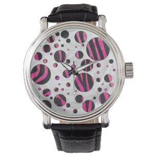 Black and Hot Pink Piloka Dot Zebra Watch