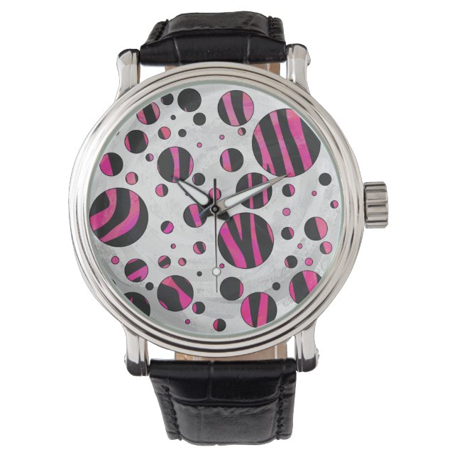 Black and Hot Pink Piloka Dot Zebra Watch (Front)