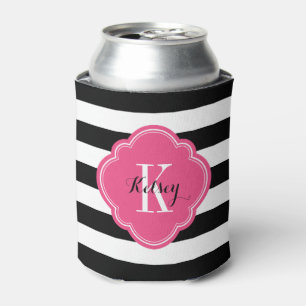Black and Hot Pink Preppy Stripes Monogram Can Cooler