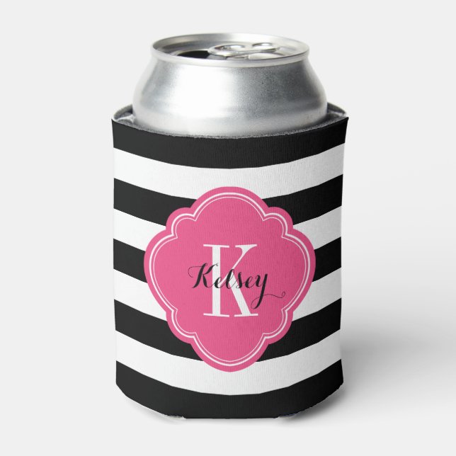 Black and Hot Pink Preppy Stripes Monogram Can Cooler (Can Front)