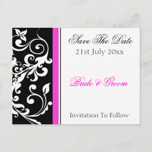 Black and Hot Pink Swirl Wedding Save The Date Announcement Postcard