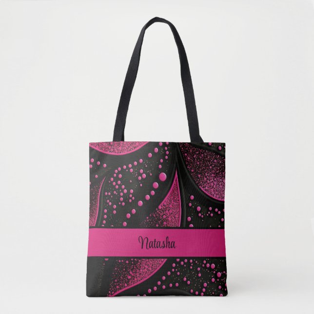 Black and Hot Pink Tote Bag with Customisable Name (Front)