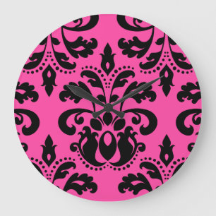 Black and hot pink vintage victorian damask large clock