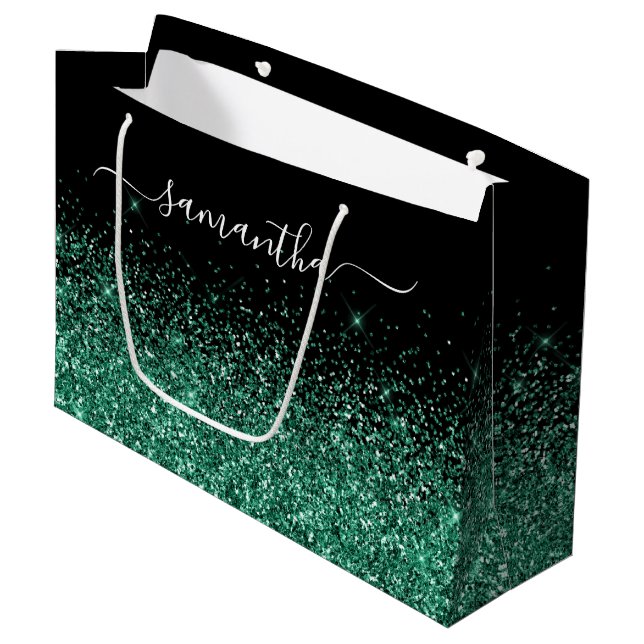 Black and Hunter Green Glitter Elegant Name Large Gift Bag (Front Angled)