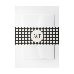 Black and Ivory Chequerboard Monogram Art Deco Invitation Belly Band