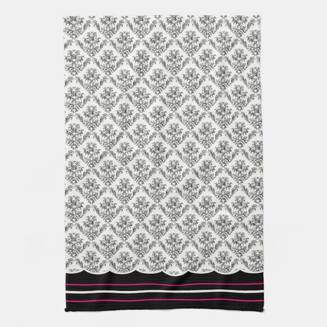 Black and Ivory Damask Designed Kitchen Towel (Vertical)