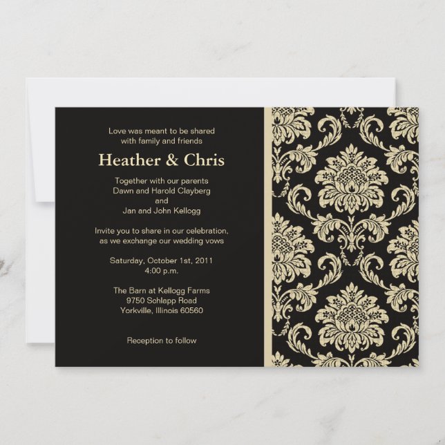 Black and Ivory Damask Wedding Invitation (Front)