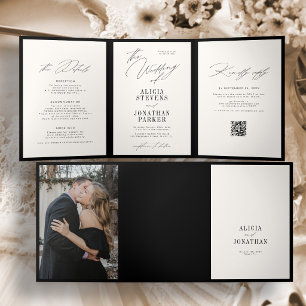 Black and ivory elegant classic photo QR wedding Tri-Fold Invitation