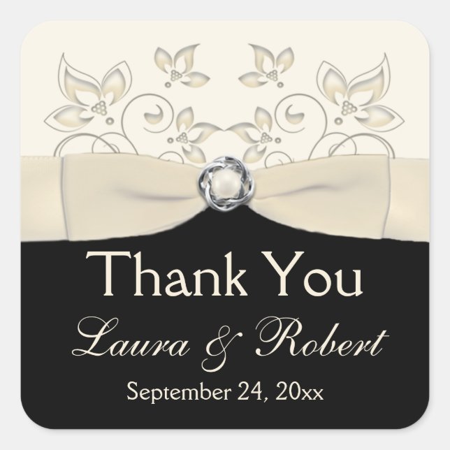 Black and Ivory Floral Thank You Sticker (Front)