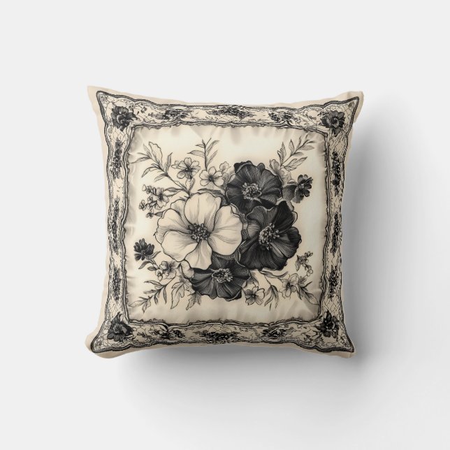 Black and Ivory Floral Wedding Pillow (Front)