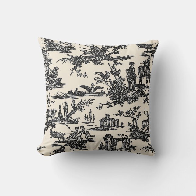 Black and Ivory French Toile Pattern Cushion (Front)