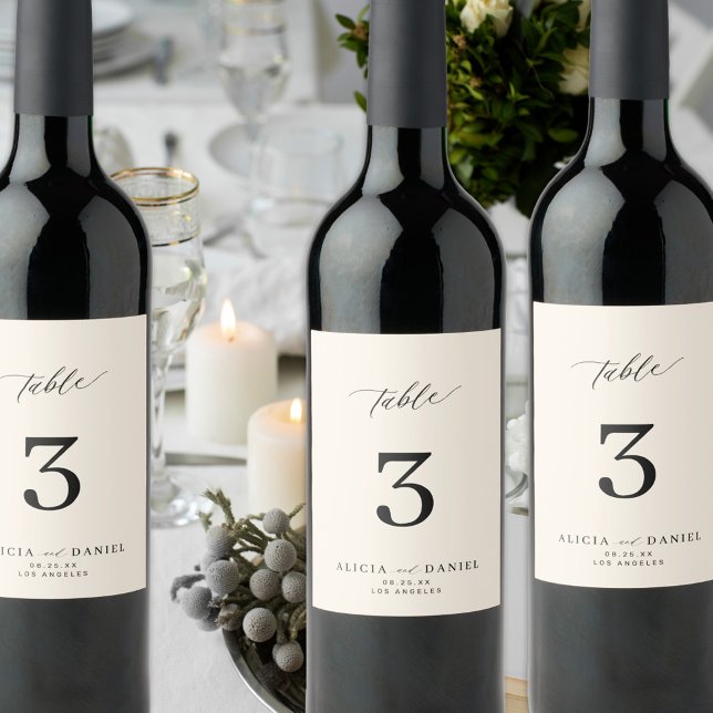 Black and ivory minimalist wedding table number wine label (Creator Uploaded)
