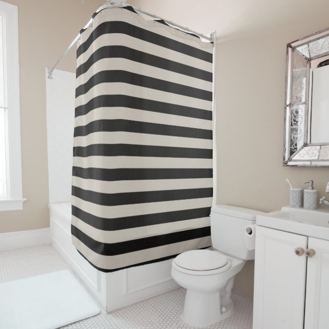Black and Ivory Stripes | Farmhouse Bathroom Decor Shower Curtain (In Situ)