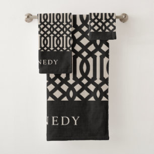 Black and Ivory Trellis Monogram Farmhouse Bath Towel Set