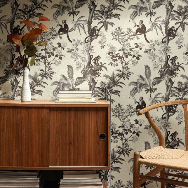 Black And Ivory Tropical Monkeys Toile De Jouy Wallpaper (Creator Uploaded)