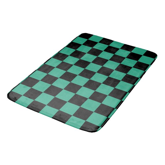 Black and Jungle Green Chequered Pattern Bath Mat (Angled)