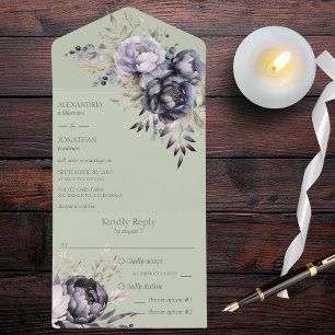 Black and Lavender Floral on Sage Green  All In One Invitation
