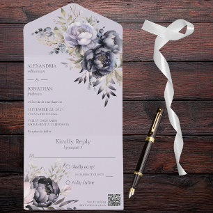 Black and Lavender Floral QR Code All In One Invitation