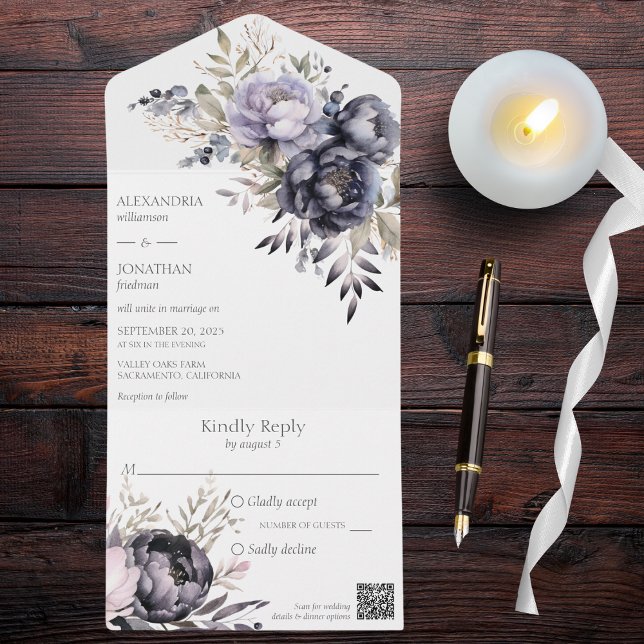 Black and Lavender Floral QR Code All In One Invitation (Also available without QR code. )