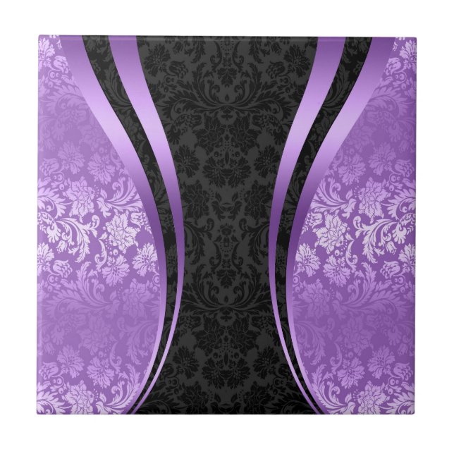 Black And Lavender Purple Floral Damasks Tile (Front)
