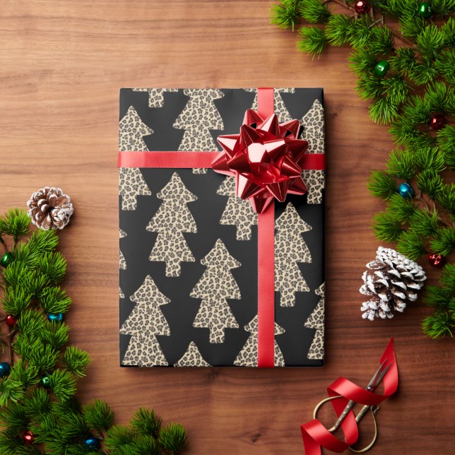 Black and Leopard Animal Print Christmas Tree Wrapping Paper (Holiday Gift)