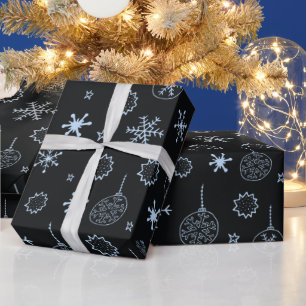 Black and Light Blue Modern Snowflakes Christmas Wrapping Paper