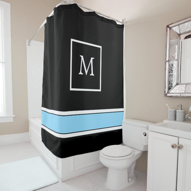 Black and Light Blue Monogram with Stripes Shower Curtain (In Situ)