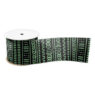 Black And Light Green Mudcloth Satin Ribbon