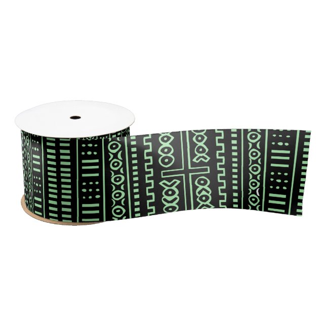 Black And Light Green Mudcloth Satin Ribbon (Spool)