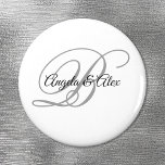 Black and Light Grey Fancy Script Monogram White Magnet<br><div class="desc">Wedding magnets with a minimalist couple's monogram in a fancy calligraphy script in light grey and black on a white background. For shorter names, increase the font size of the bride and groom's names and their initial. Customise the black and silver light grey colours, as well as the modern calligraphy...</div>