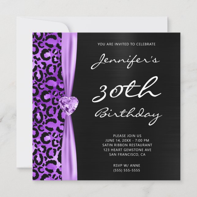 Black and Lilac Purple Leopard Glam 30th Birthday Invitation (Front)