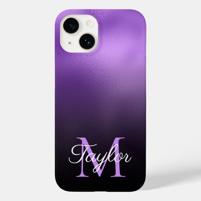 Black and Lilac Purple Ombre Faux Foil Monogram Case-Mate iPhone Case (Back)