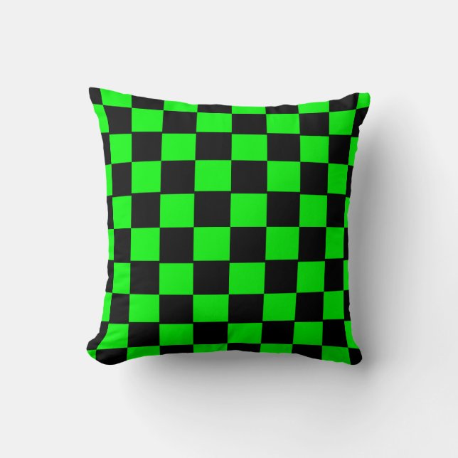 Black and Lime Green Chequerboard Pattern Cushion (Front)