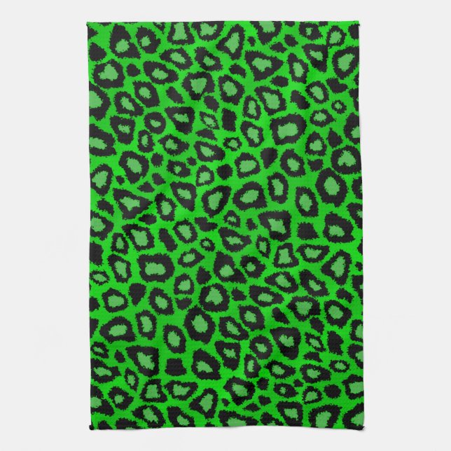 Black and Lime Green Leopard Animal Print Tea Towel (Vertical)