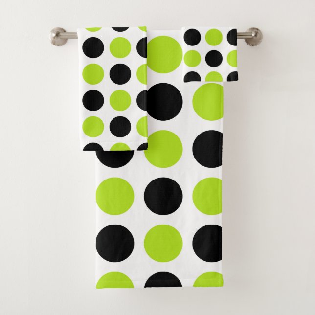 Black and Lime Green Polka Dots Bath Towel Set (Insitu)