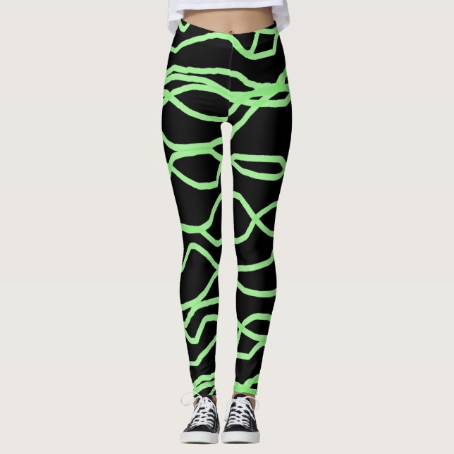 Black and Lime Green Squiggly Abstract Leggings (Front)