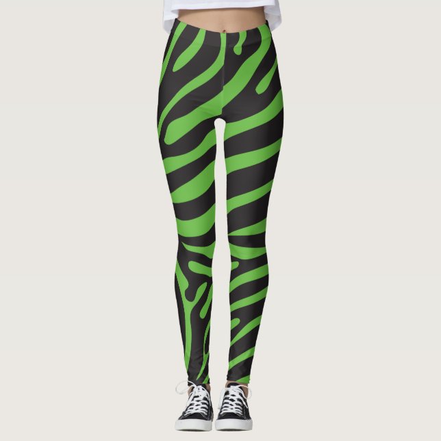 Black and Lime Green Zebra Print Leggings (Front)