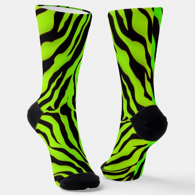 Black And Lime Tiger Stripes Animal Print Socks (Angled)