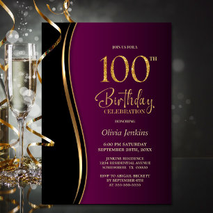 Black and Magenta Red 100th Birthday Party Invitation
