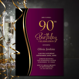 Black and Magenta Red 90th Birthday Party Invitation