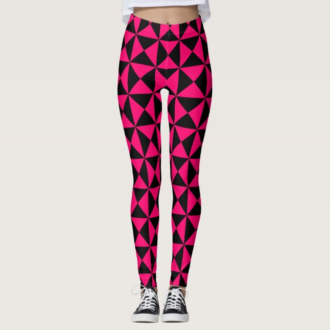 Black and Maroon Geometric Texture Pattern Leggings (Front)