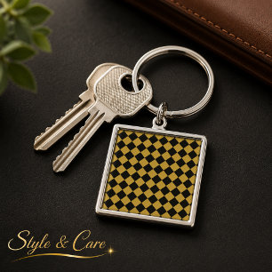 Black and Metallic Gold Chevron Pattern Square Key Ring