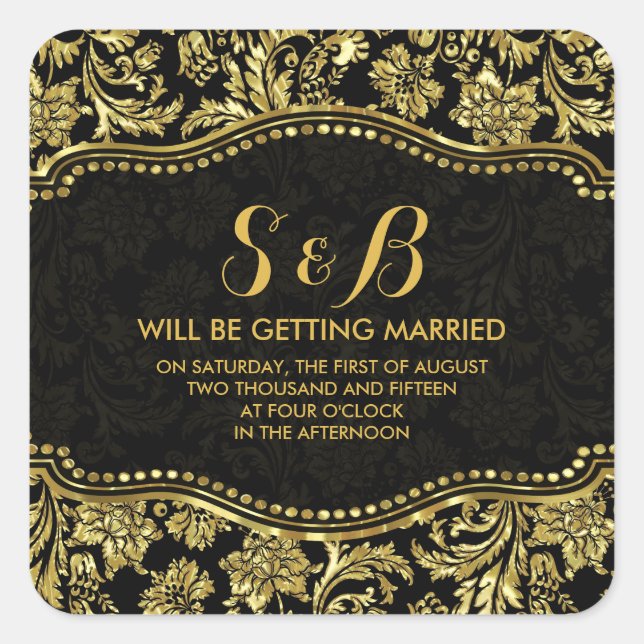 Black And Metallic Gold Floral Damasks 3 Pattern Square Sticker (Front)