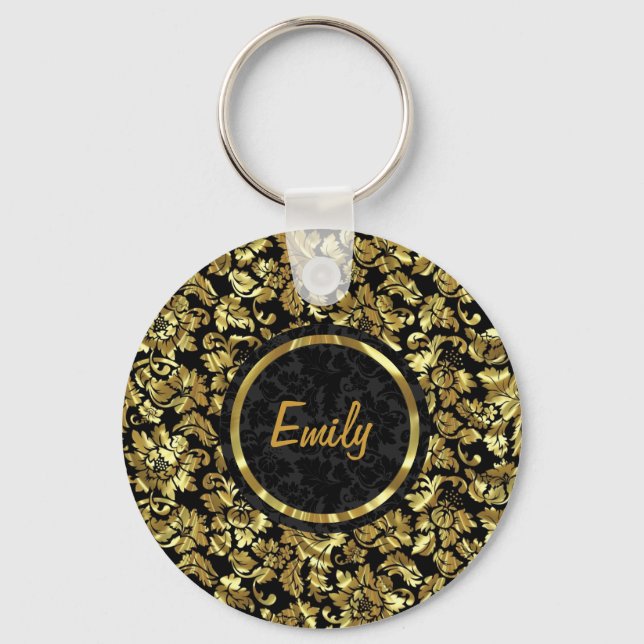 Black And Metallic Gold Vintage Damasks Key Ring (Front)