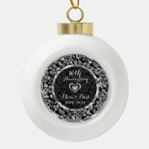 Black And Metallic Silver 10th Wedding Anniversary Ceramic Ball Christmas Ornament