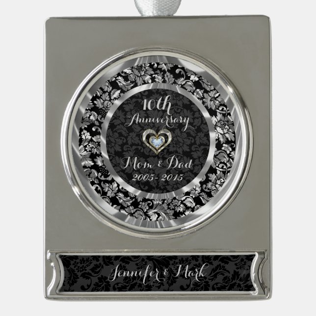 Black And Metallic Silver 10th Wedding Anniversary Silver Plated Banner Ornament (Front)
