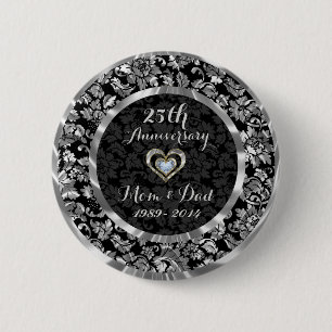 Black And Metallic Silver 25th Wedding Anniversary 6 Cm Round Badge