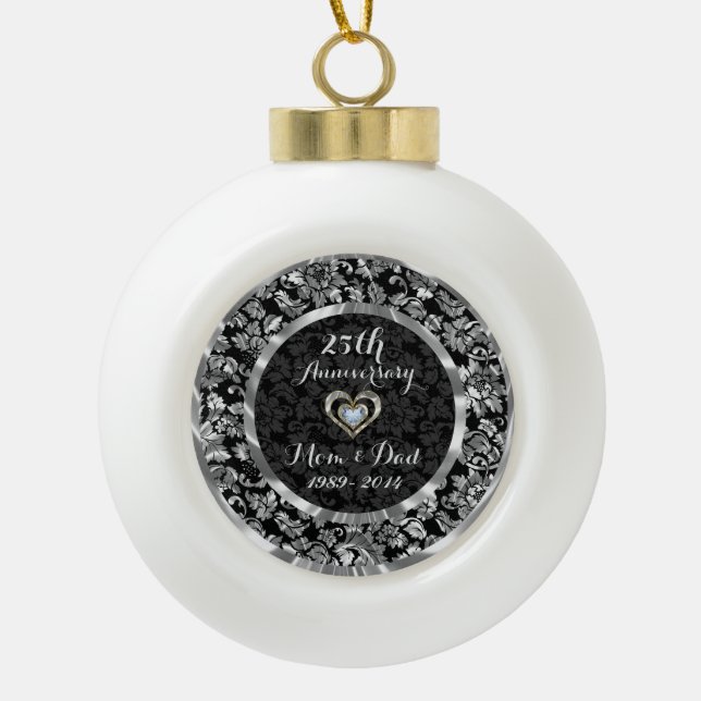 Black And Metallic Silver 25th Wedding Anniversary Ceramic Ball Christmas Ornament (Front)