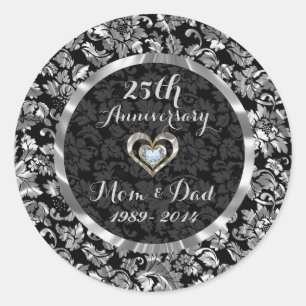 Black And Metallic Silver 25th Wedding Anniversary Classic Round Sticker